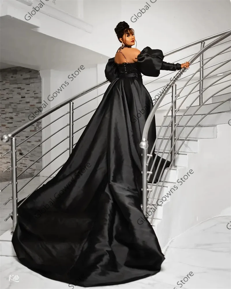 Aso Ebi Luxury O Neck 2025 For Black Girls Beaded Crystal Evening Dresses Full Sleeve Party Dress Detachable Tail Customized