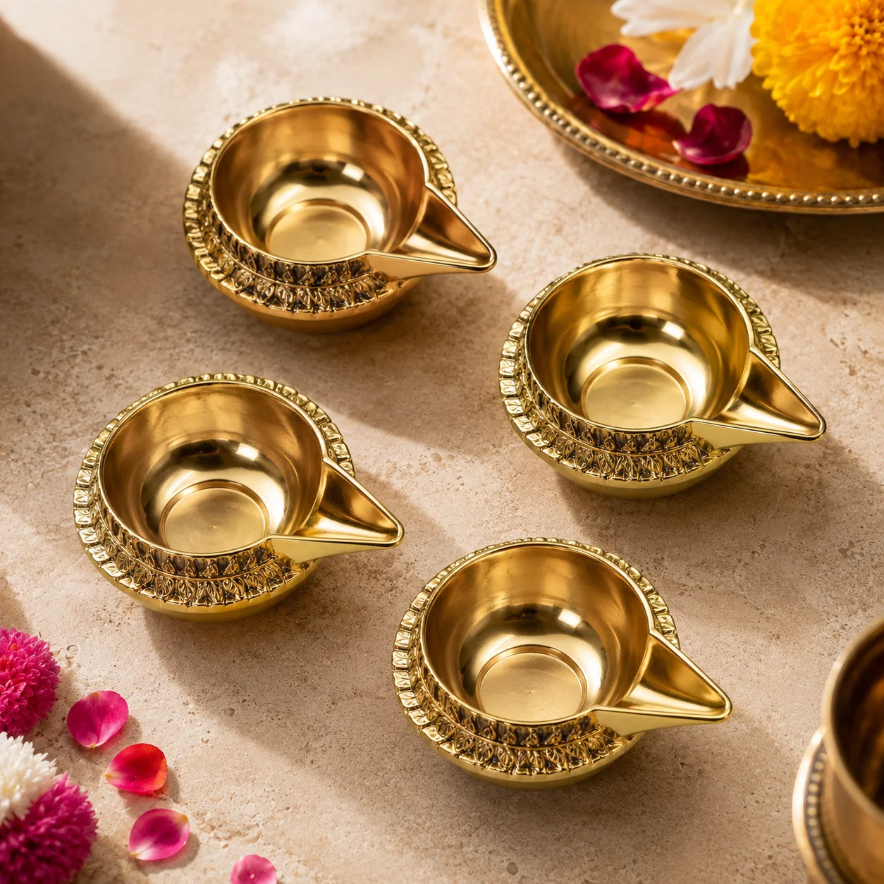 2-50PCS Golden Diya Deepak Oil Lamps for Puja Diwali, Indian Ghee Lamps for Hindu Prayer Temple Wedding Festival Decor