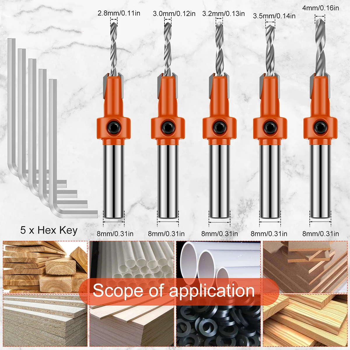 Hss Countersunk Drill Bit Set Punch Drill Bit Wood Hole Opener Milling Cutter Adjustable Length for Wood Pvc Plastic Soft Metal