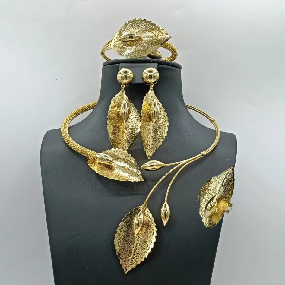 18K Gold Plated Leaf Jewelry Set for Women Statement Necklace Earrings Ring Bracelet Set African Wedding Bridal Party Jewelry