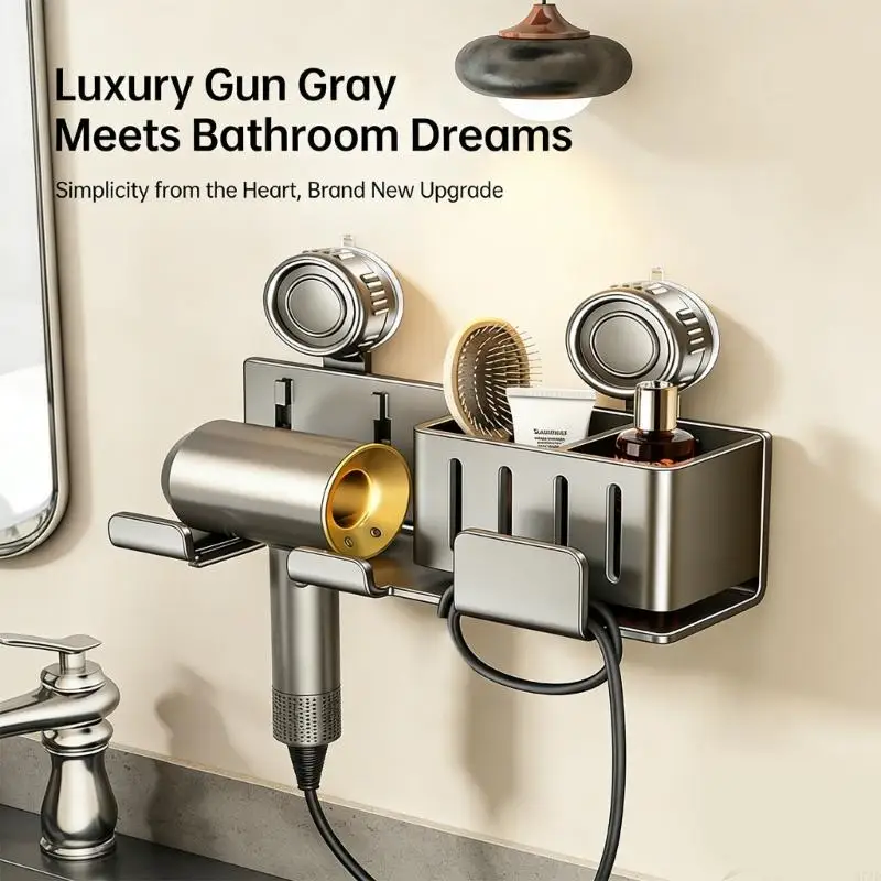 

Strong Suction Hair Dryer Holder Rustproof Wall Mounted Blow Dryer Stand For Bathroom Organization With Hook 37JD