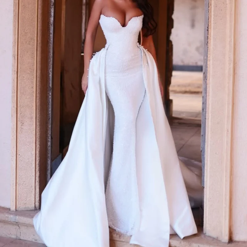 

White Wedding Dresses of off-shoulder fishtail glitte rdecal detachable Long tail Bridal Gowns Made Customized