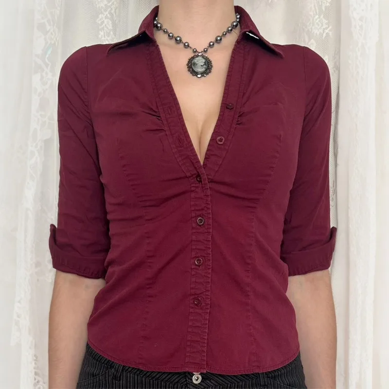 

Женская однотонная однобортная рубашка в стиле Y2K для девочек с длинными рукавами и лацканами, облегающая рубашка