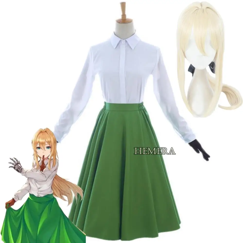 

Anime Violet Evergarden Cosplay Costume Wig White Shirt Green Skirt Sexy Woman Uniform Halloween Stage Performance Disguise Suit