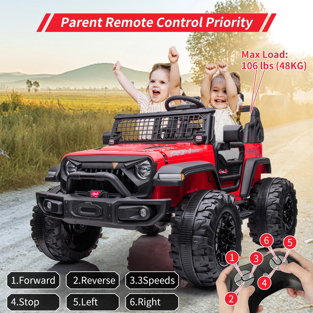 2 Seats Battery Powered Electric Truck with Remote Control, 24V Kids Ride on Toy with 20inch Extra Width Seat for 3-8 Years Kids