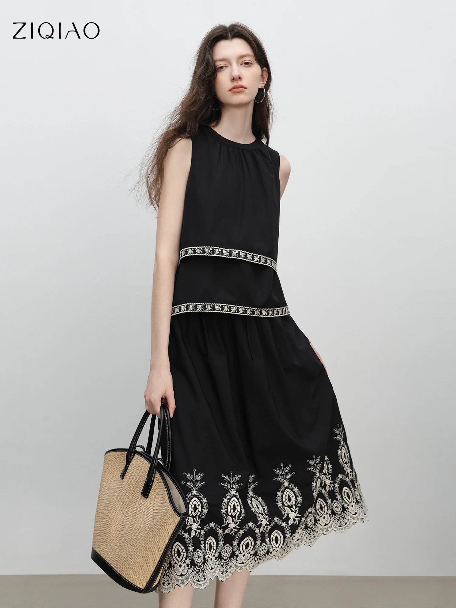 

ZIQIAO Black Embroidered Sleeveless Top Skirt Set Women's Summer 2025 New Elegant All-match Chic Outfits 25ZQ92329+25ZQ92328