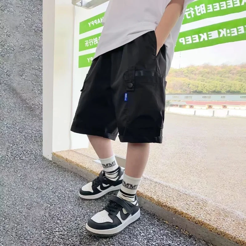 2023 Cotton Summer New Kids Clothing Fashion Casual Trend Solid Color Loose Boys Elastic High Waist Workwear Five Point Shorts