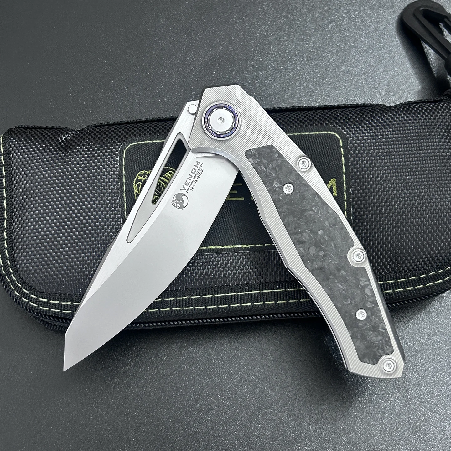 VENOM Lone Ranger EDC Folding Knife M390 Blade Titanium Carbon Fiber Handle Zircuti Clip Outdoor Camping Carry Tool