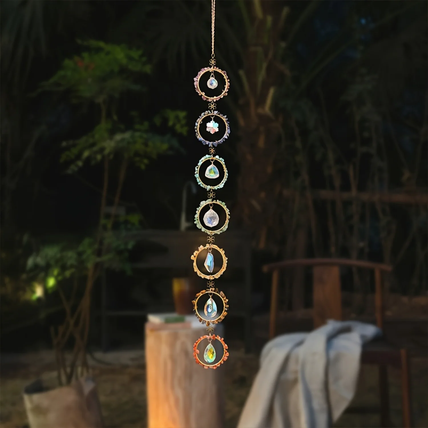 1pc, Spring Collection Multicolor Natural Crushed Stone Crystal Wind Chime, 7-Ring Window & Balcony Hanging Decor, 28.74 Inches,