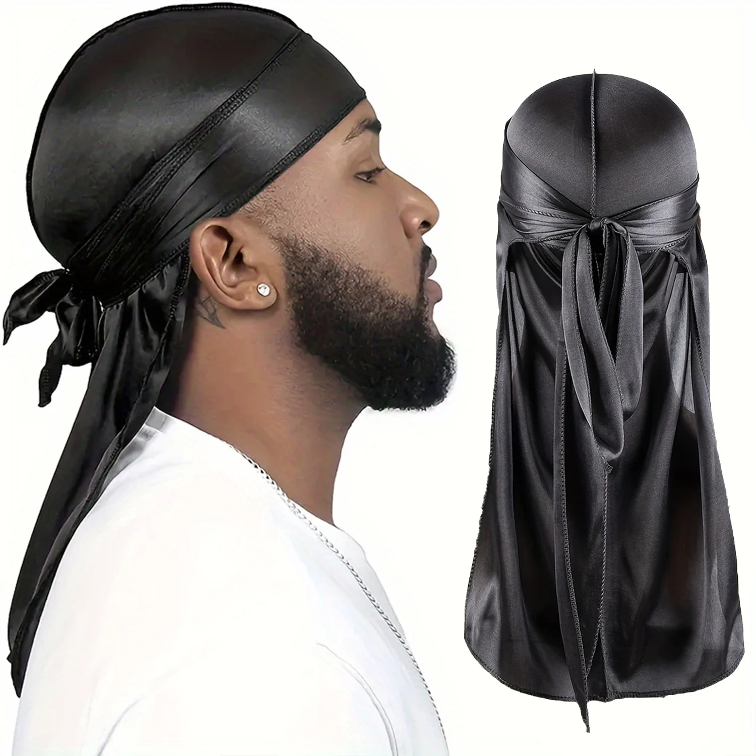 【HOT】Men's Silk Durag Bonnet Bandana Silky Du Rag Doo Rag Long Tail Waves Cap