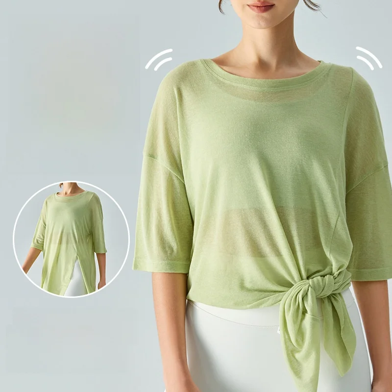 

Женская летняя блузка для йоги с половиной рукавов, свободная сетка, спортивный повседневный длинный модный топ, приятный для кожи, прозрачный