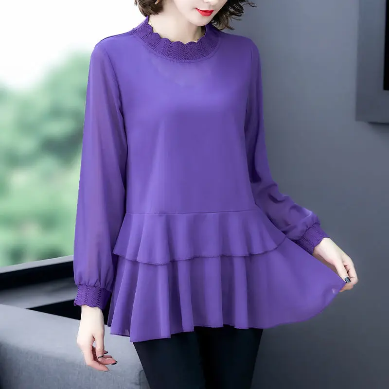 Fashion Solid Color Folds Ruffles Chiffon Blouse Women Clothing 2023 Autumn New Oversized Casual Pullovers Loose Commute Shirt