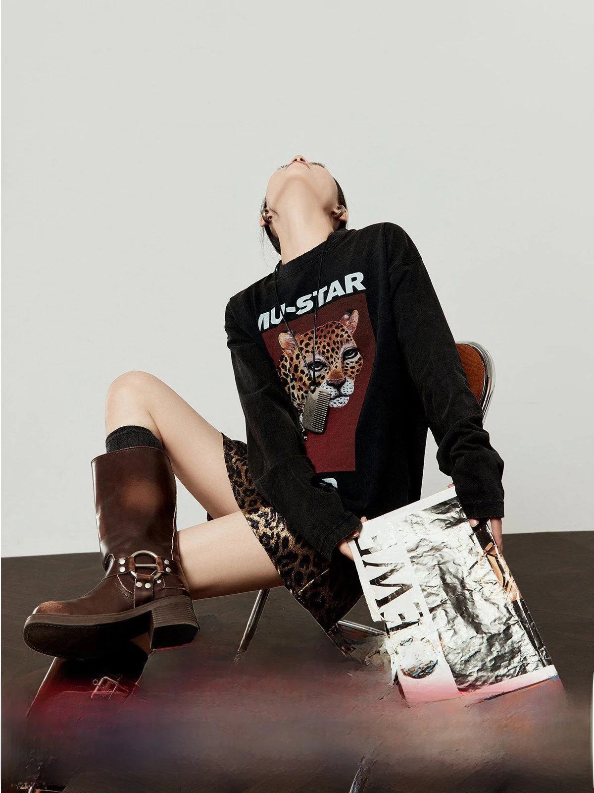 

Casual Sle Diamond Leopard Print T-irt Women's ey Bla Long Sve Splicing Design Breathable Cotton Loose Fit T-irt