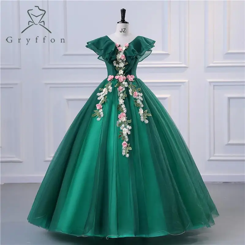 หวาน Vestidos สีเขียว Quinceanera ชุดคลาสสิกชุดเดรสปาร์ตี้ Elegant V คอชุดไปงานเต้นรำหรูหราพรหมชุด Plus Size Robe De Bal