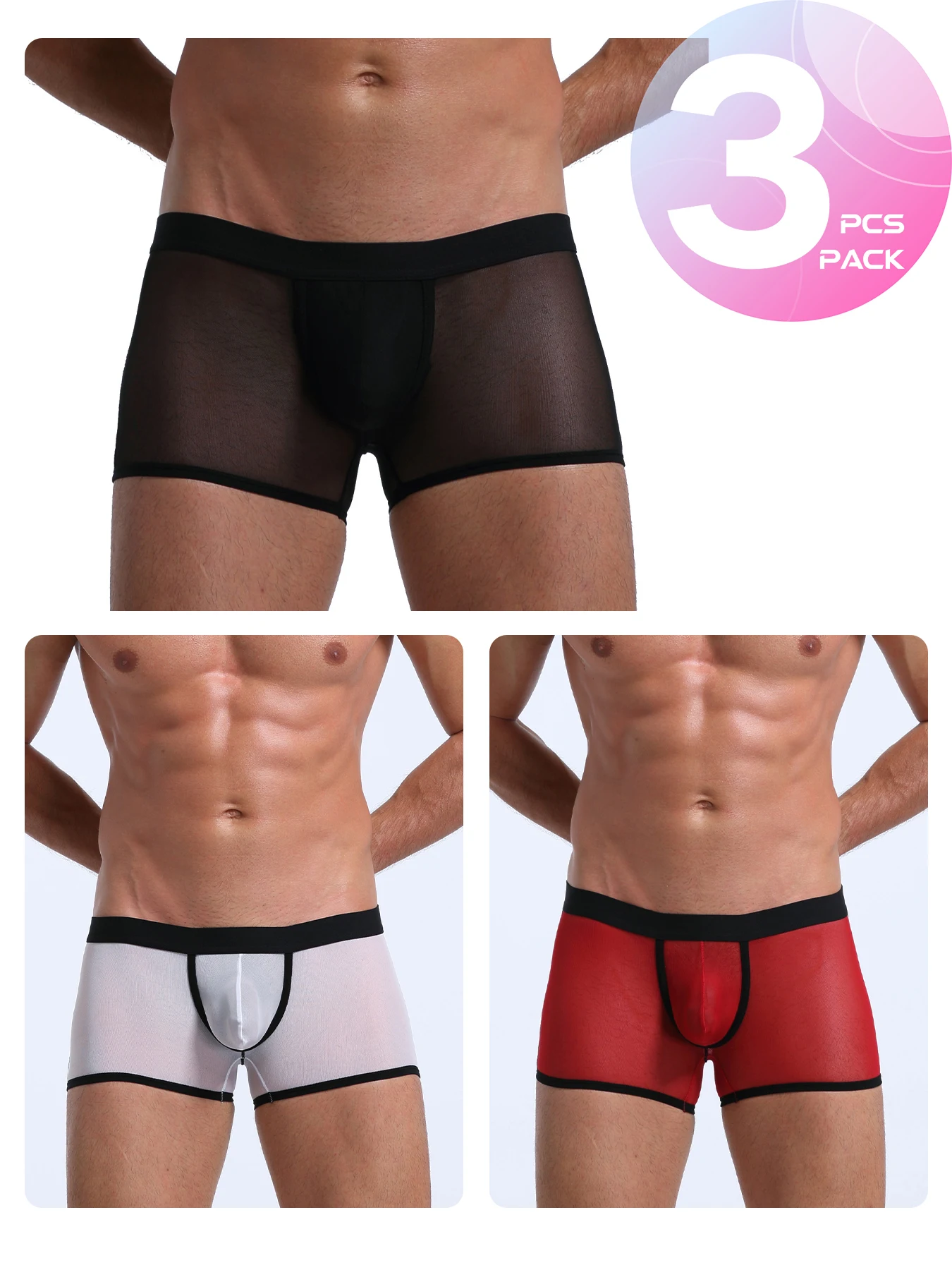 

Men's Underwears Transparent Boxers Bulge Netting fabric See Through Sexy Briefs Low Waist Panties Intimates discount 3pcs