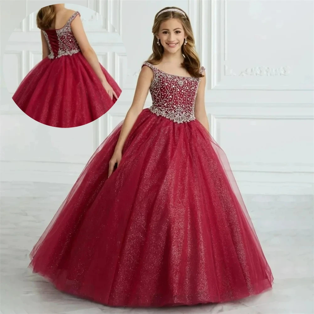 Luxury Red O-Neck A-Line Long Ball Flower Girl Dress Sleeveless Tulle Fluffy Floor Length Shiny Formal First Communion Dresses