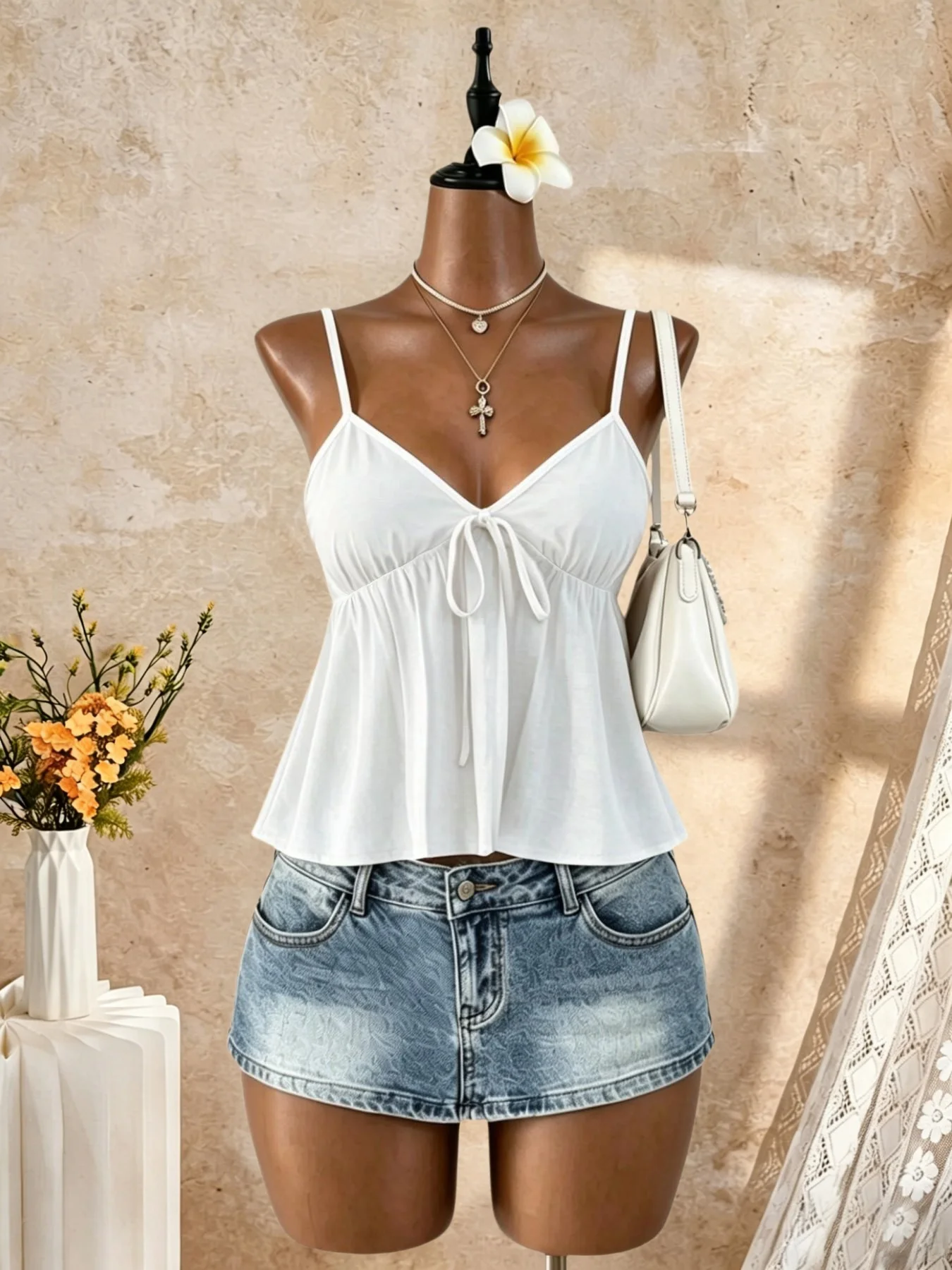 Women Spaghetti Strap V Neck Front Tie Flared Peplum Cami Top 2026 Summer Y2K Solid White Casual Beach Vacation Loose Swing Slee