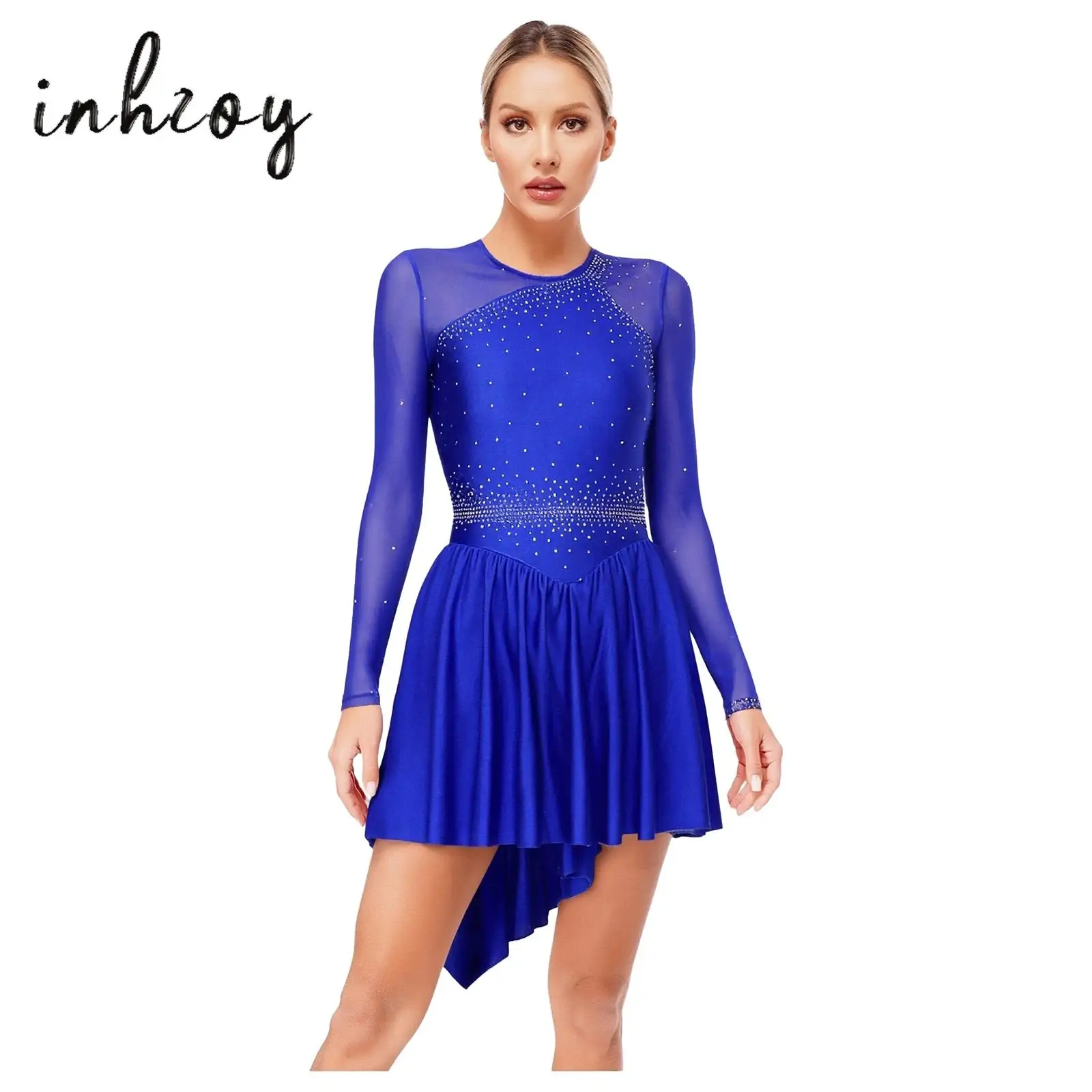 ชุดเต้นรำลีริคอลสำหรับผู้หญิง ผ้าตาข่ายโปร่ง แขนยาว ประดับด้วยกลิตเตอร์และคริสตัล ชายกระโปรงไม่สมมาตร เหมาะสำหรับการแสดงฟิกเกอร์สเก็ต