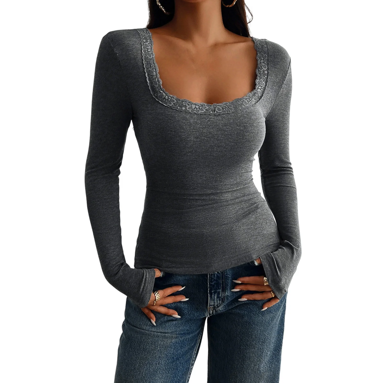 

Womens Long Sleeve Tops Fall Lace U Neck Fitted Knitted Tops Blouse Going Out Shirts