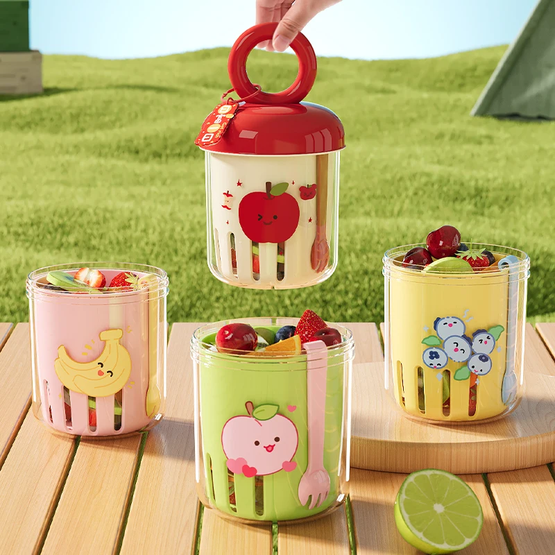 Dopamine Fruit Cup - Outdoor Portable Leak-Proof Yogurt Cup with Fork Double-Layer Food-Grade Plastic Drain Cup for Picnic
