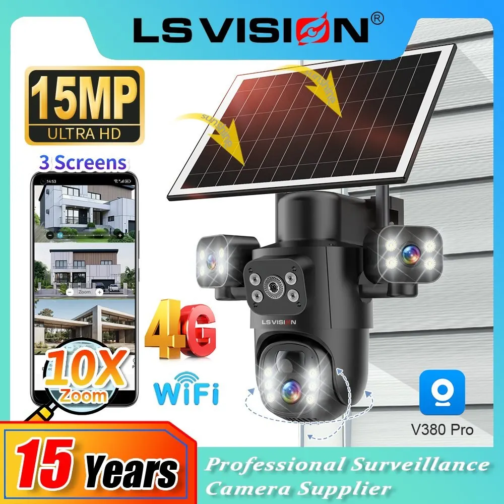 

LS VISION 15MP 3 Lens 4G/WIFI Solar Camera 3-Screen 10X Zoom PIR Human Detection Security Video IP Surveillance Cameras V380 Pro