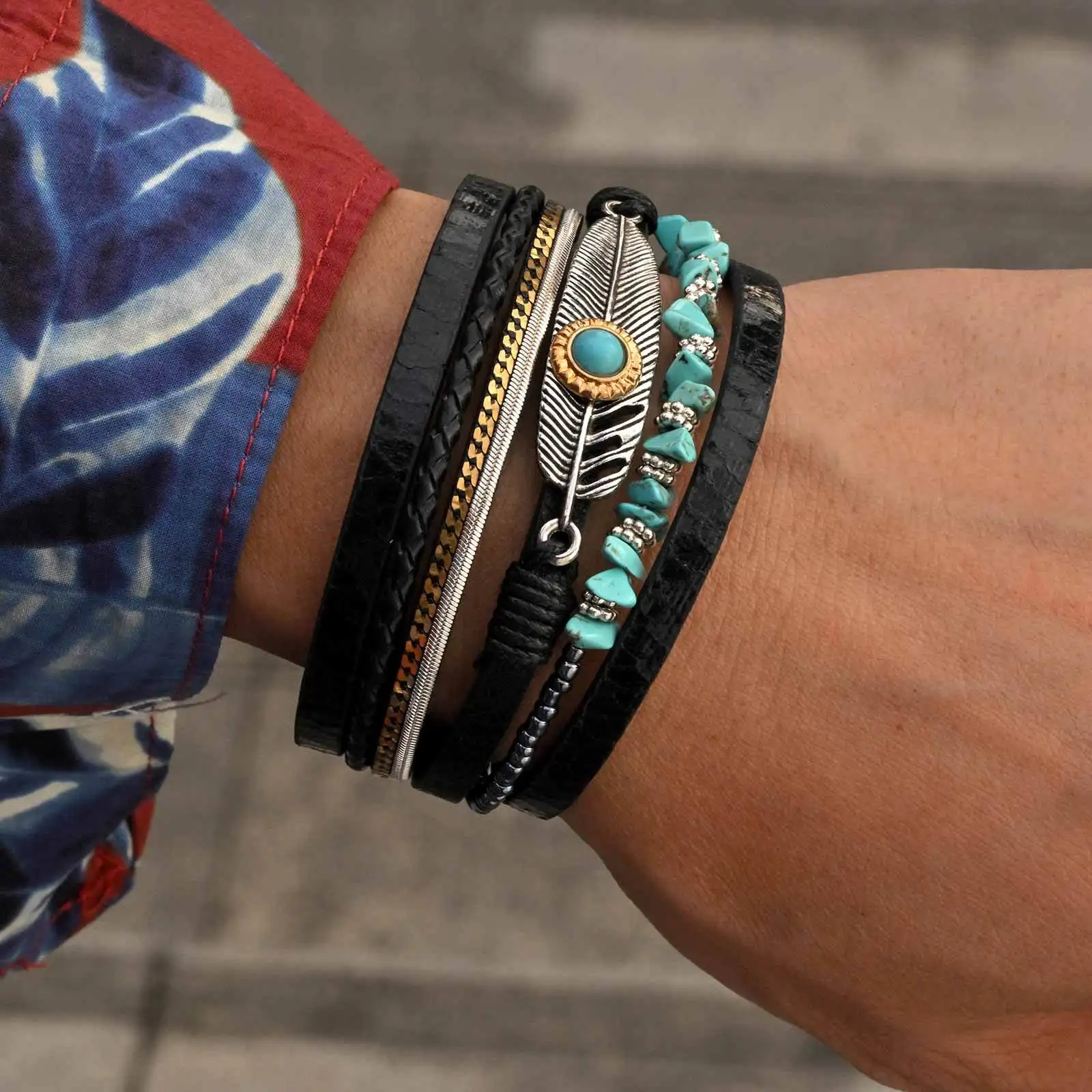 Ethnic Chunky Leather Bracelet for Men,Feather Charm Natural Turquoise 5 Lrayers Leather Bracelet,Father's Dad Gift - Image 2