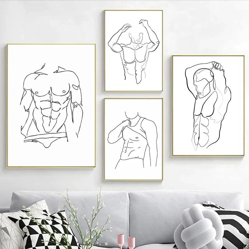 Póster abstracto en lienzo para el cuerpo de los hombres, pintura impresa en línea masculina, figura desnuda, carteles artísticos de pared, imagen minimalista, decoración del hogar para dormitorio Gay