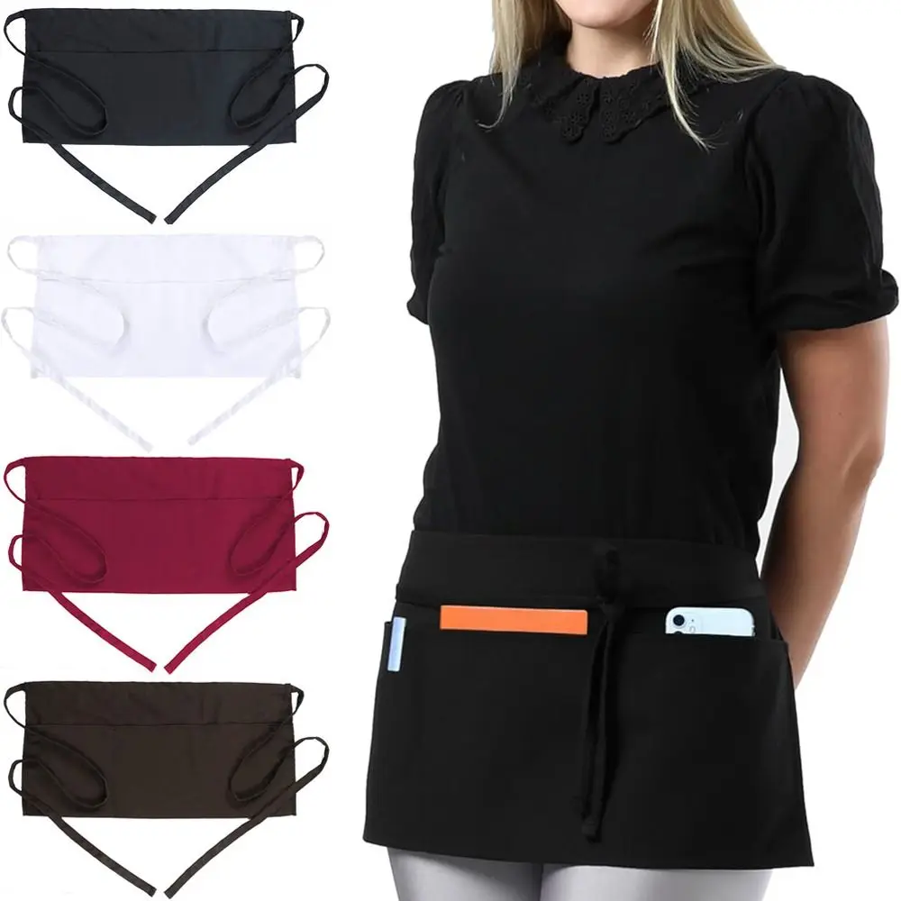 Delantal de cintura Unisex de moda, medio delantal con 3 bolsillos, delantal corto de poliéster de media cintura, delantal de media cintura para camarero, delantal corto