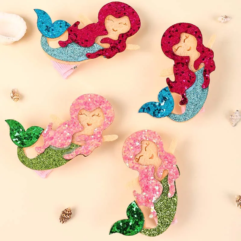 ncmama 4Pcs/set Glitter Mermaid Hair Clips for Baby Girls Cute Ocean Hair Pin Barrettes Princess Headwear Kids Hair Accessories