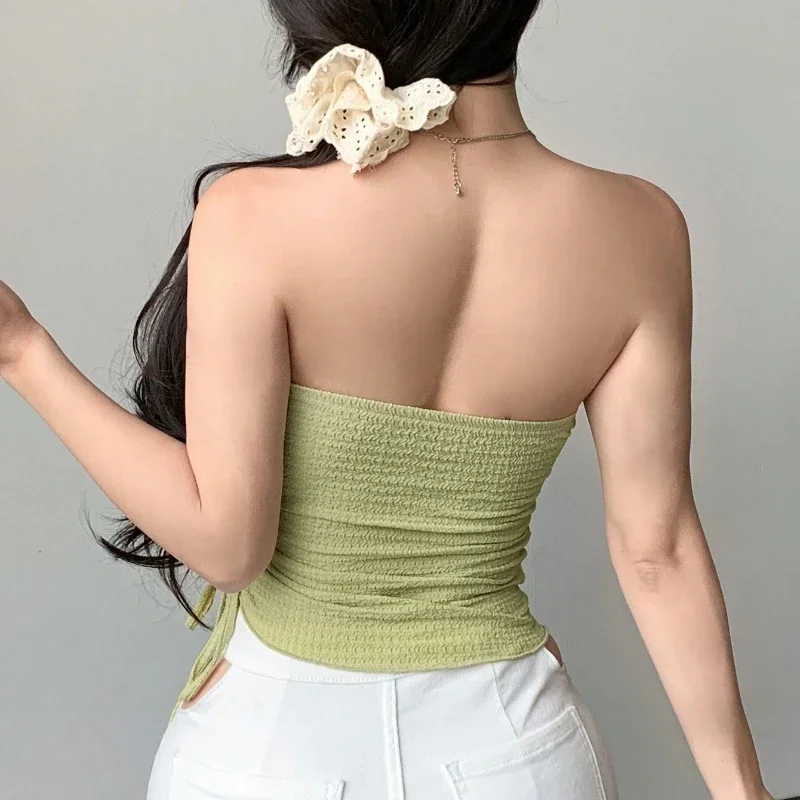 Asymmetric Tube Top for Women Side Slit with Drawstring Tie Textured Jersey Knit Strapless Tops Sexy Party Club Night Out Outfit