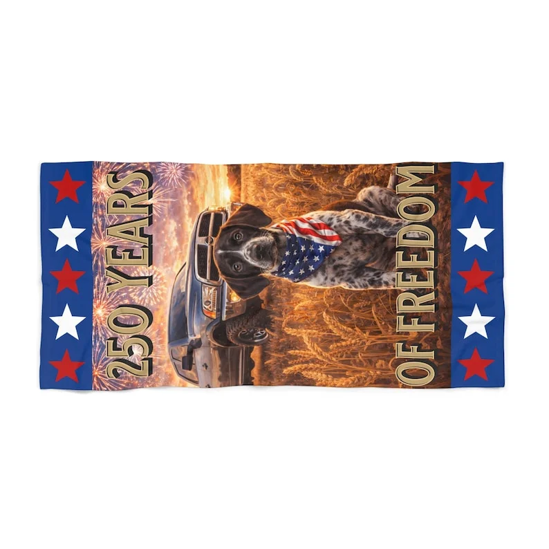 Patriotic Dog with Truck Beach Towel  250 Years of Freedom Americas 250th Birthday Semiquincentennial Beach Towel