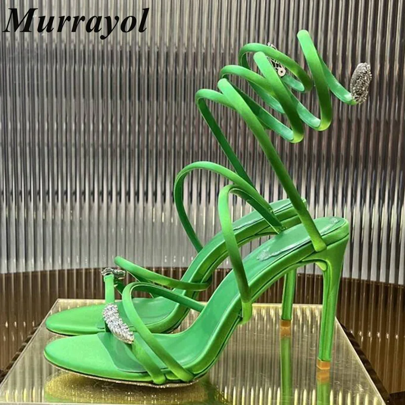 Satin Rhinestone Decor Thin High Heels Sandalias Women Ankle Snake Shaped Strap Entanglement Sandals Summer Dress Shoes Pumps
