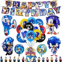 Sonics Balloons Happy Birthday Banner Hedgehog Party Decoration Game Cake Topper Disposable Tableware Keychain Background Toy