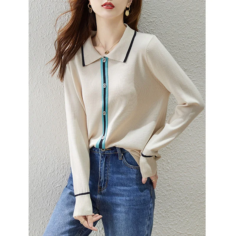 Women\'s 2024 Spring and Autumn New Fashion Casual Lapel Pullover Color-blocked Button Thin Knitted Long Sleeve Loose Bottom Tops