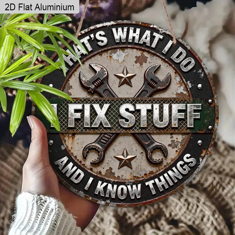 1pc Aluminum Rusty Style Humor Round Wall Art Sign, I Fix Stuff That's What I Do and I Know Things Sign, Great Gift for Father