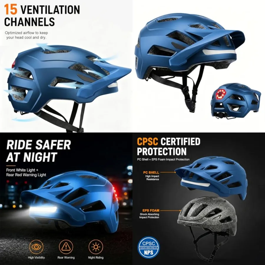 

Bike Helmet, Helmets for Adults Men, Front and Back LED Lights Safe Certified MTB Road Bicycle Helmet with Adjustable Brim