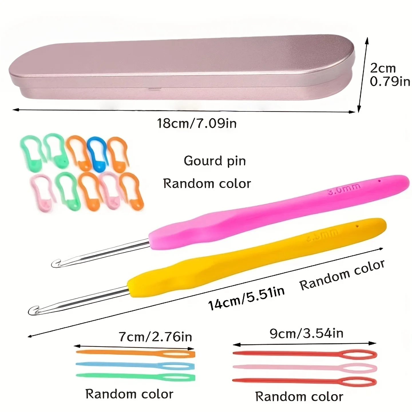 one set Crochet Hooks Set Ergonomic Soft Grip Knitting Needles 3.0mm 3.5mm with Stitch Markers & Portable Pink Metal Case view 3