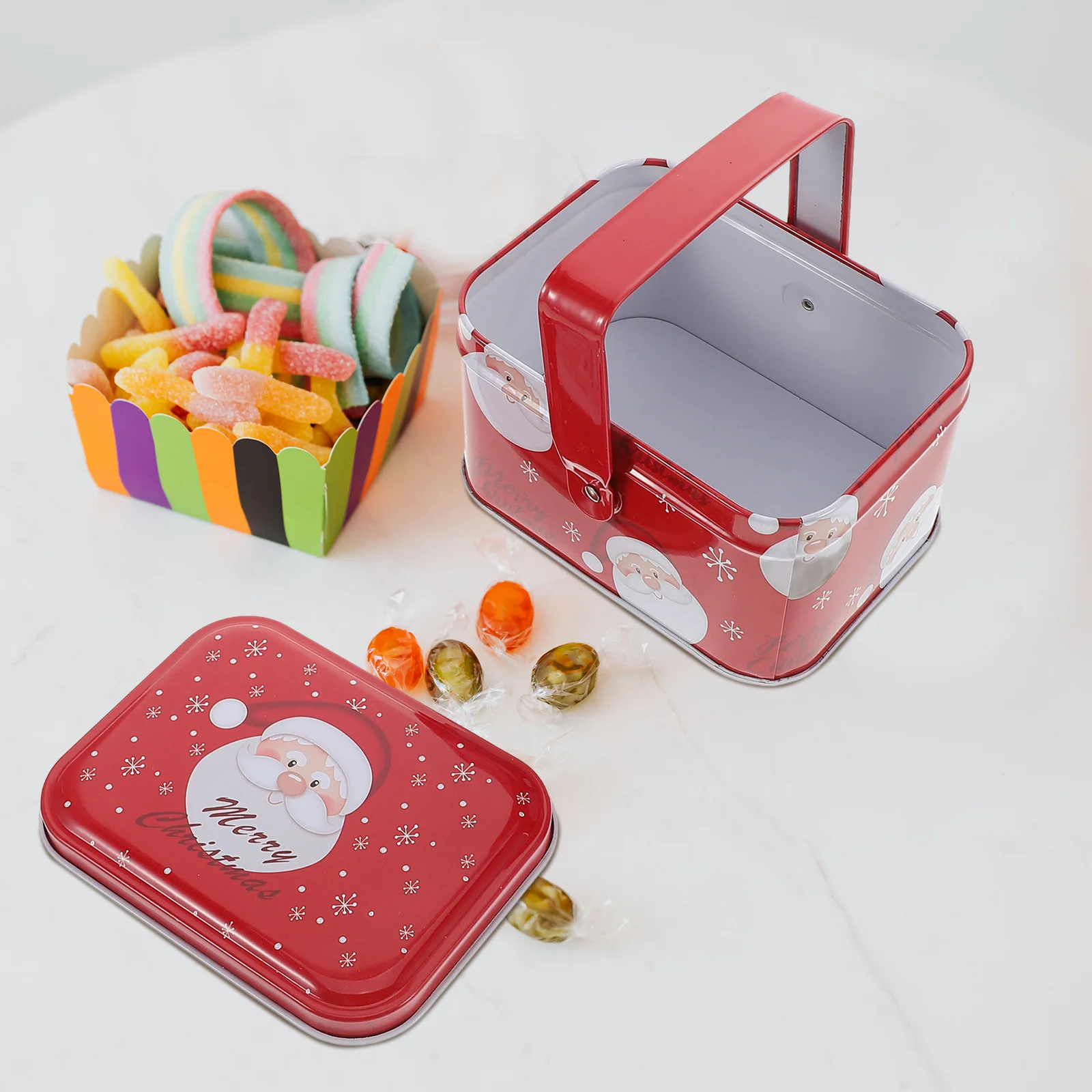 

Christmas Tin Box with Handle Reusable Metal Cookie Container Holiday Treats Storage Decorative Candy Jar for Xmas Party Favors