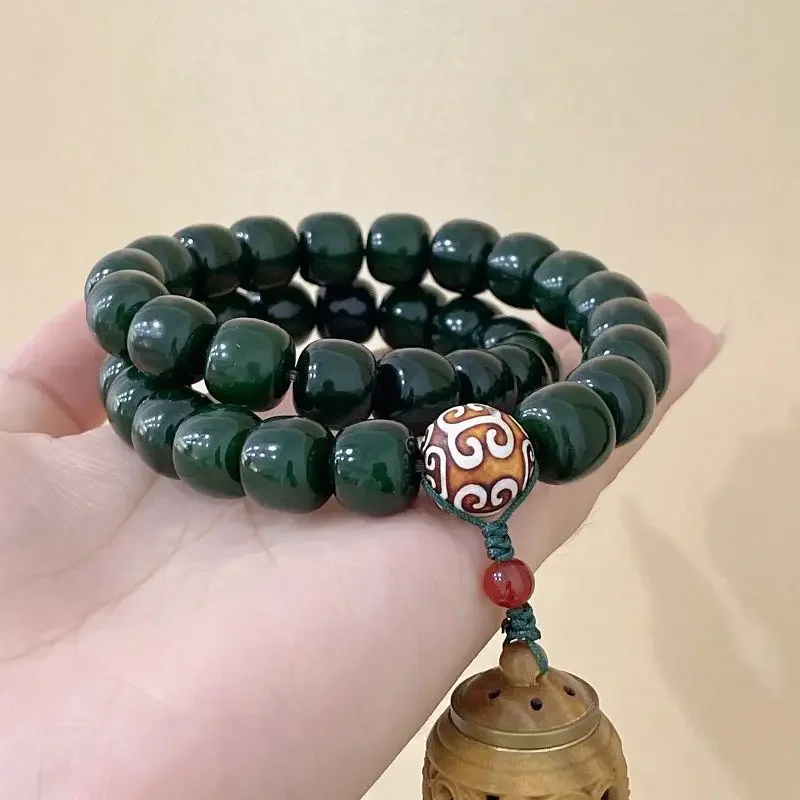 Boutique Old Material Empress Green Holding Snake Green Bodhi Root Hand String Wen Wan Men's and Women's Bracelets Buddha Beads