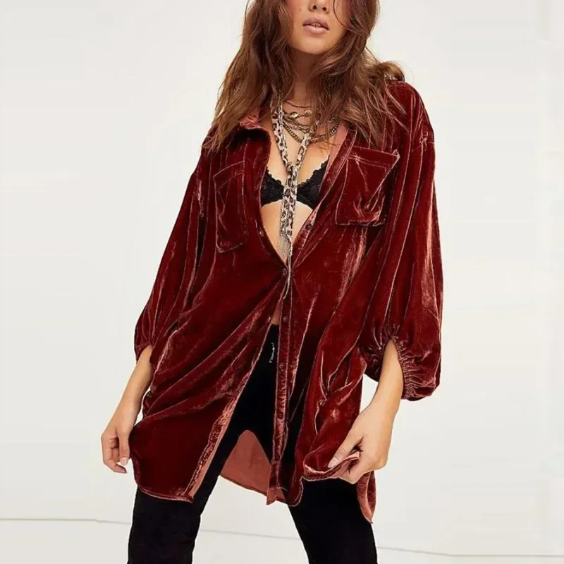 2024 Autumn Winter Golden Velvet Blouse Loose Lantern Sleeves Long Shirt Fashion Women Top Clothes Tops Mujer New Blusas 30091