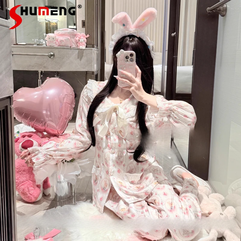 

Весенне-летний кружевной комплект для отдыха с принтом для девочек, женский кукольный воротник, домашняя одежда из ледяного шелка, пижамы, женские уличные костюмы для сна