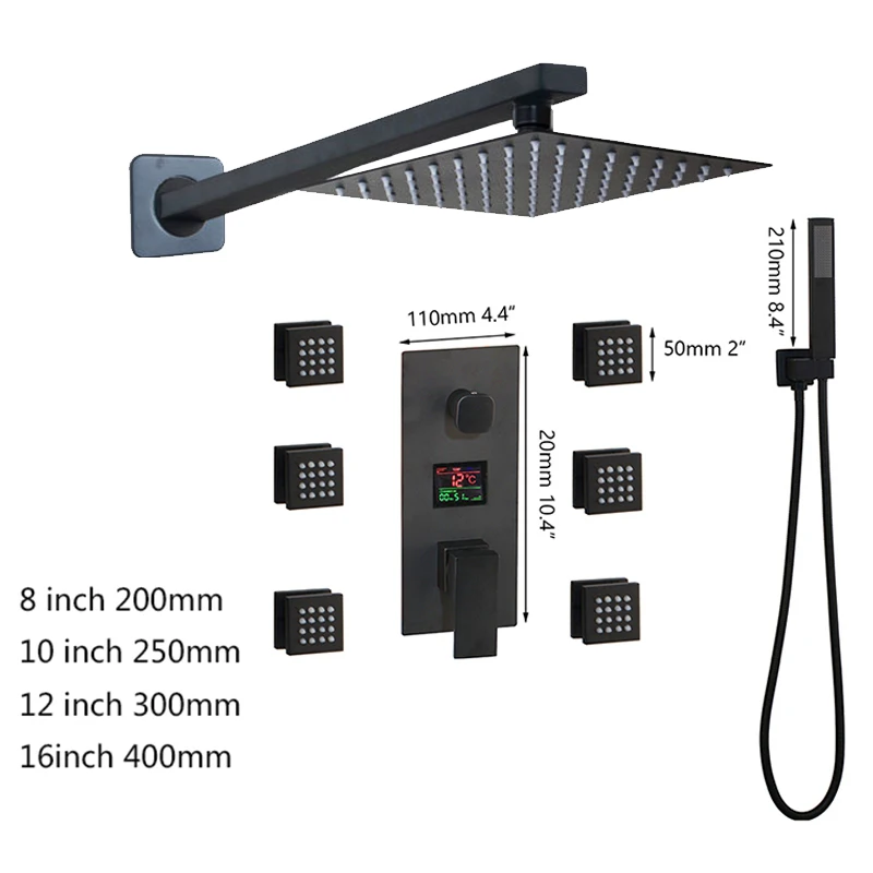 KEMAIDI Matte Black LED Digital Display Shower Faucet Set with  6 pcs Message Jets Rainfall Bathtub Shower System Bath Mixer