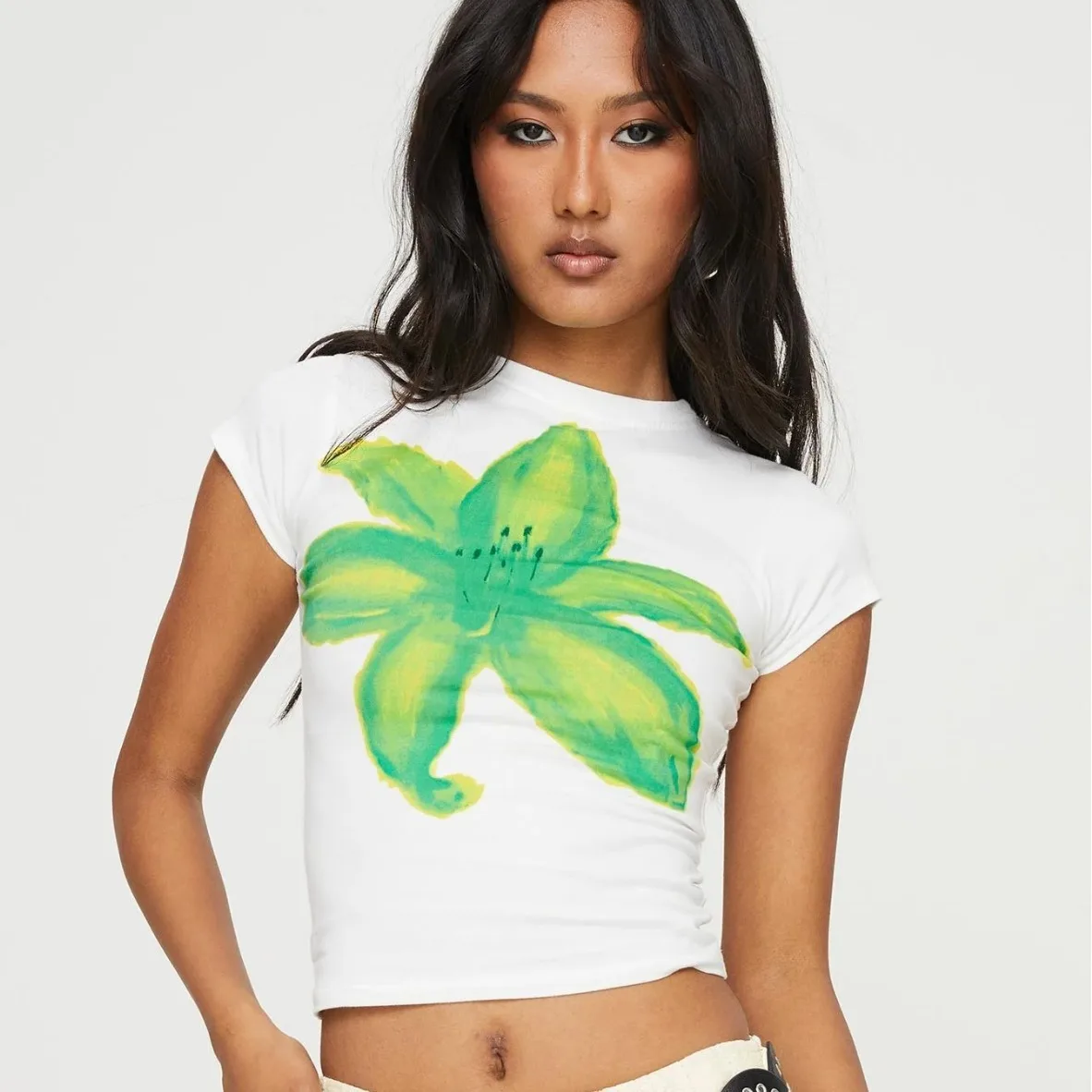 

Floral Print ort Sve T-irt Women's Street Sle round Ne Cross Border Spring Summer Faion Polyester Fabric