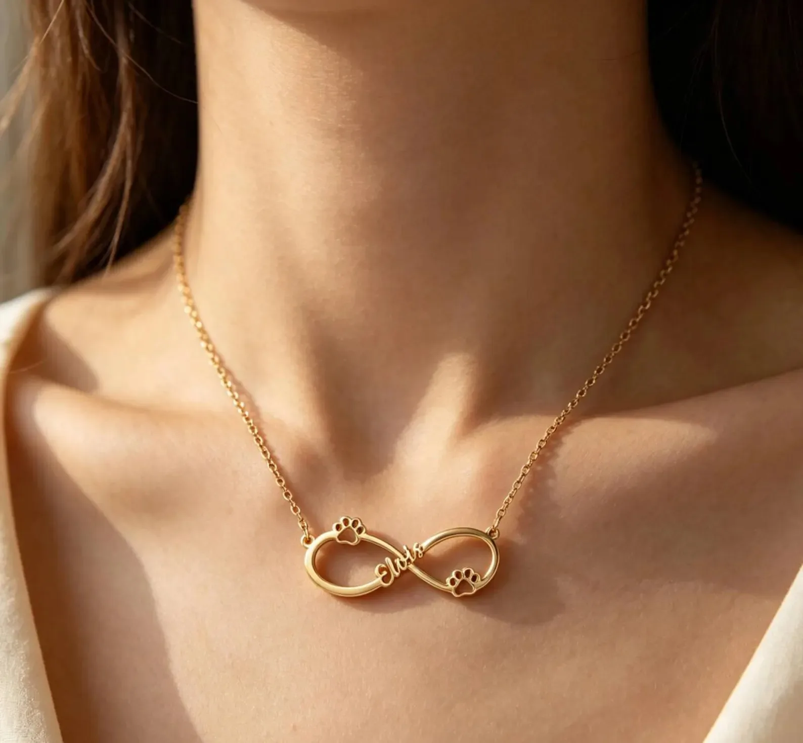 Personalized Pet Name Infinity Necklace Custom Paw Print Pendant Dainty Gift For Pet Owner