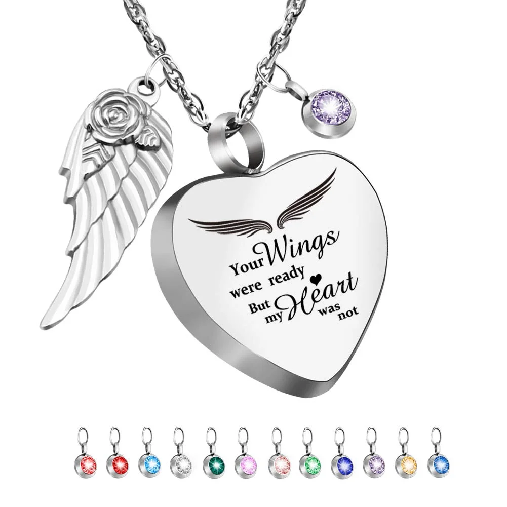 Heart Urn Necklace for Ashes with 12 Birthstones Cremation Jewelry for Ashes -Your Wings Were Ready My Heart Was Not