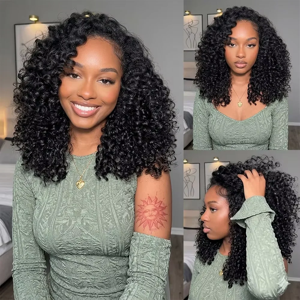New Arrival 16-32 Inch Human Hair Wigs Curly Headband Wig Upgrade 3 IN 1 Half Wig With Drawstring Seamless Clip IN Hair Machine Wigs 250 Density