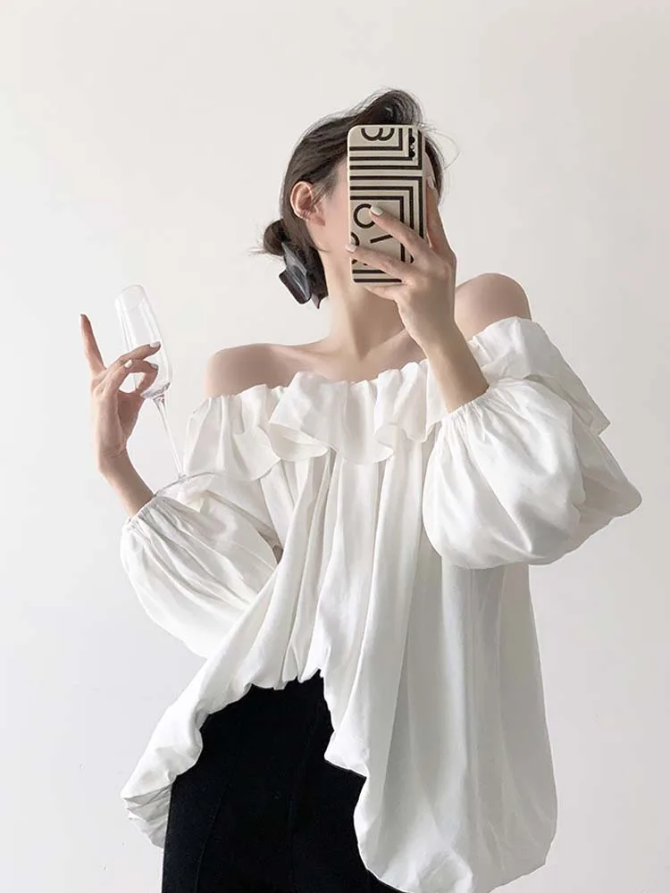 Sexy Off-shoulder fold tops white Women\'s 2024 Summer High street Irregular puff sleeve shirt blouse Design Female INKEO 4T070