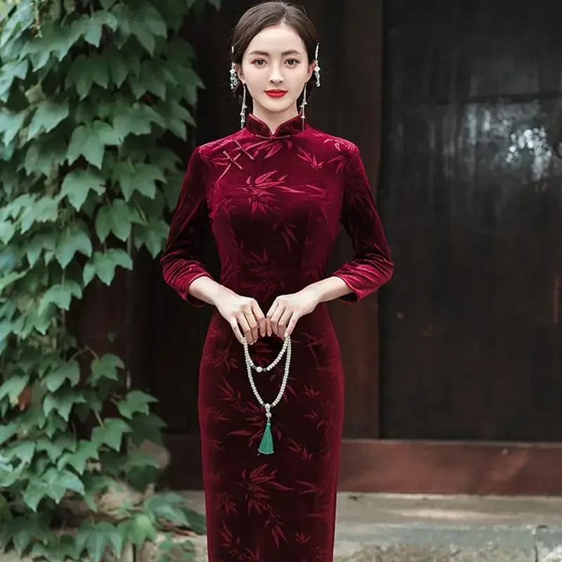 

Velour Bamboo Leaf Printed Cheongsam New Chinese Style Vintage Qipao Female Elegant Evening Party Gown Traditional Dress