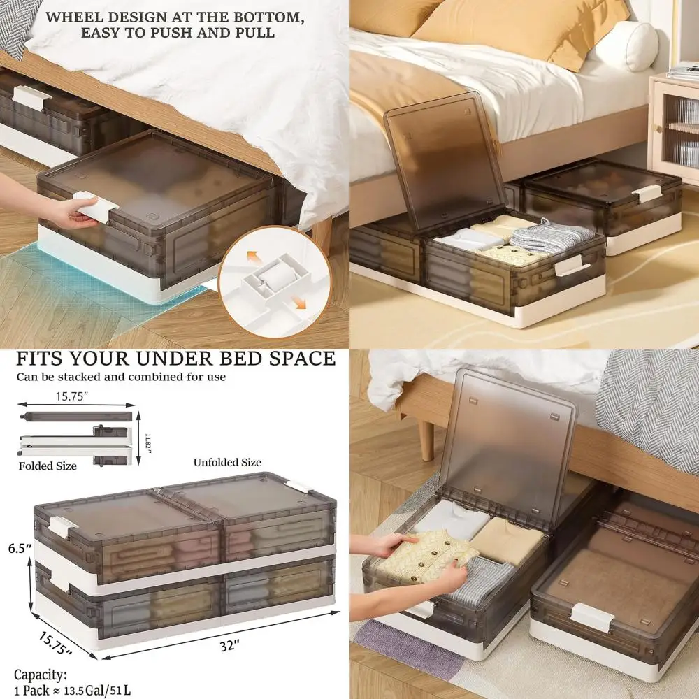 

11.5 Gallon Stackable Underbed Plastic Storage Boxes with Wheels for Clothes, Shoes, and Bedding