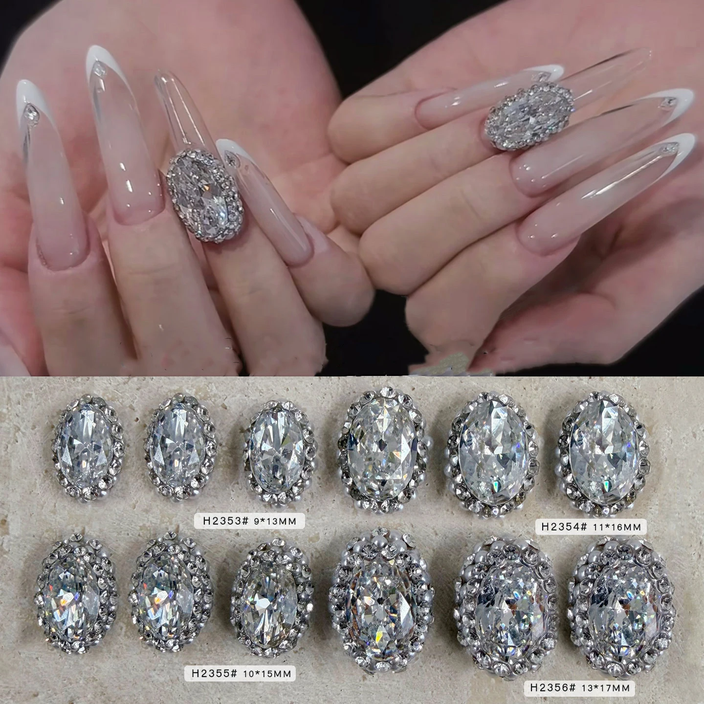2PCS Luxury Handmade Bling Stacked Oval Zircon Nail Charms Large Pigeon Egg Diamonds Rhinestone Decorations Manicure Ornaments
